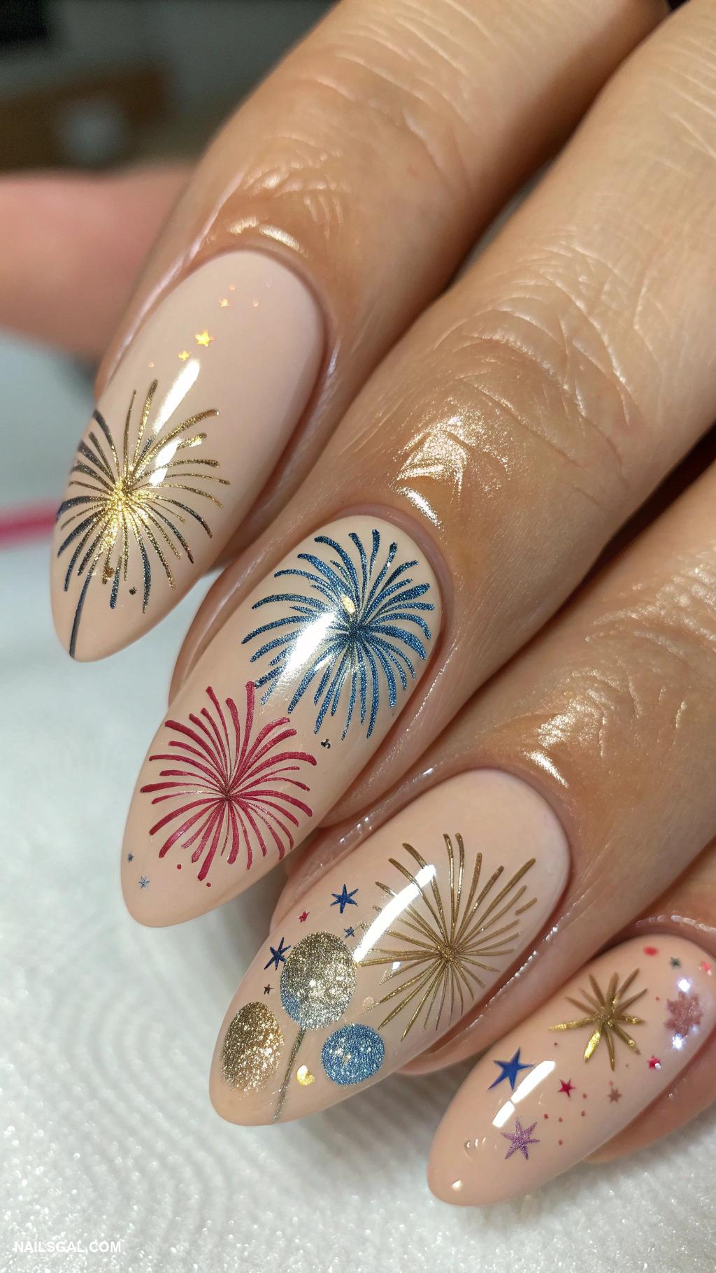 2026 year nails for new years Nude base with colorful fireworks art