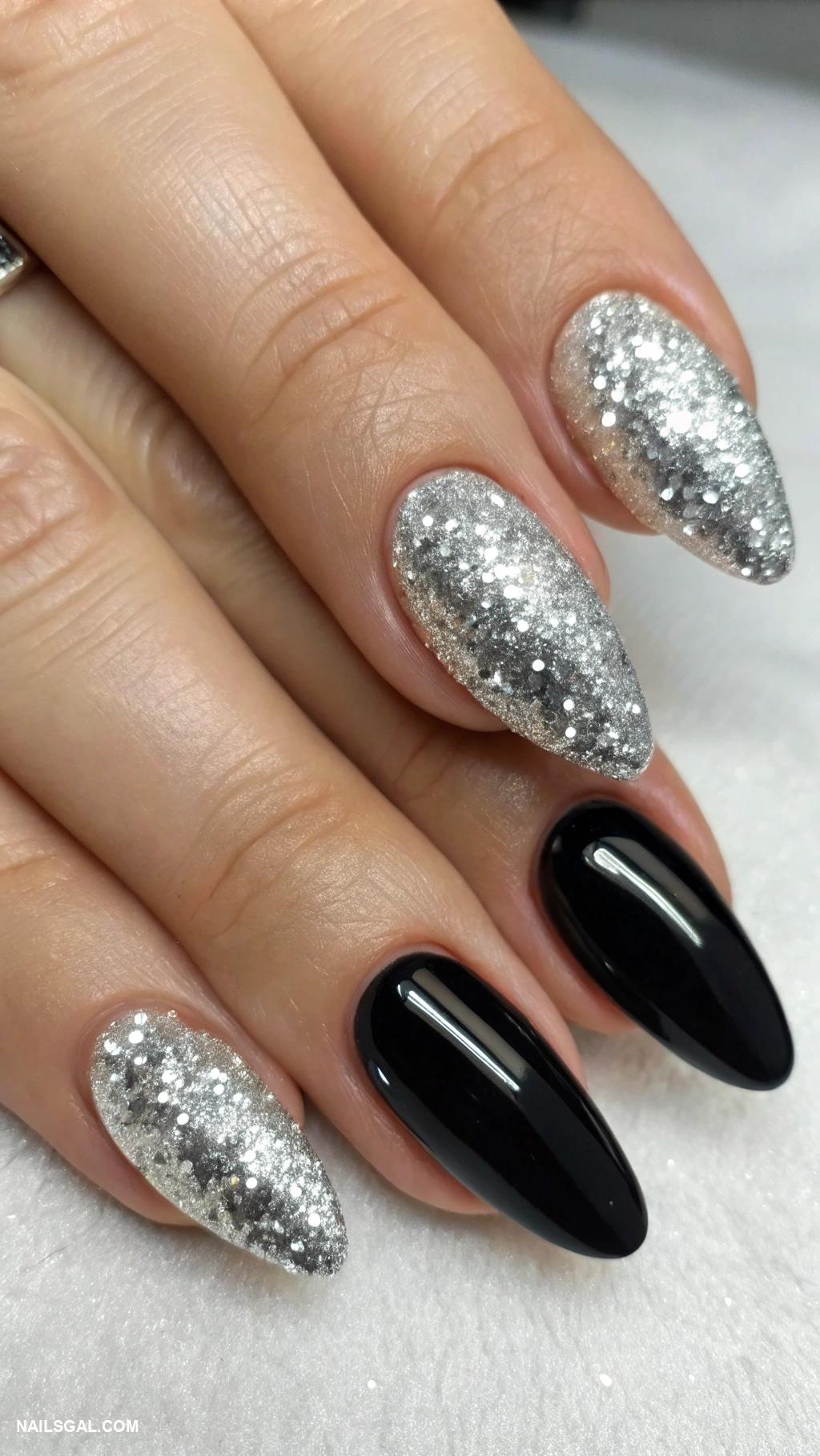 2026 year nails for new years Sparkly silver tips with black base