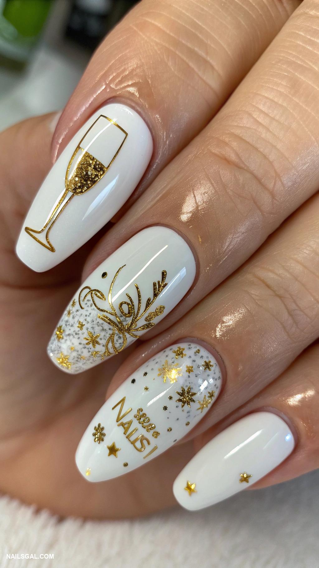 2026 year nails for new years White nails with champagne glass artwork