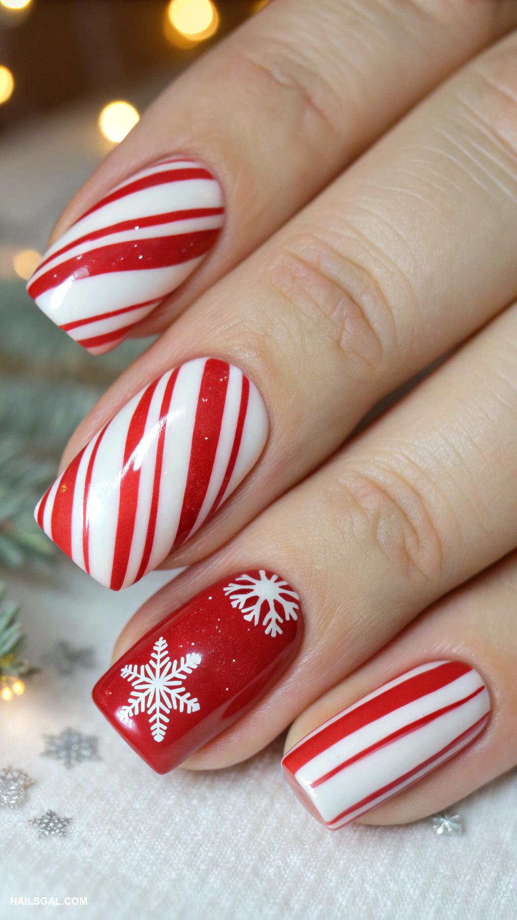 December nails Candy cane stripes with glossy top coat