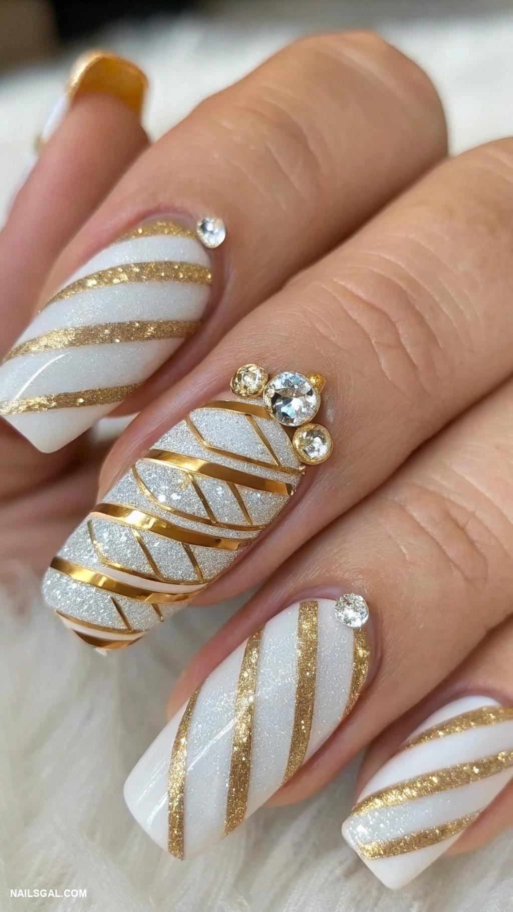 December nails Gold and silver stripes with rhinestones