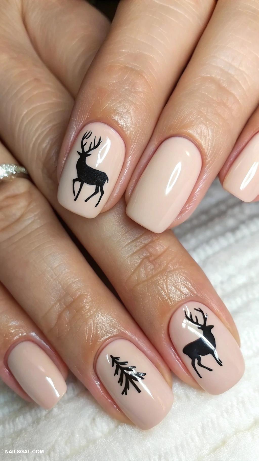 December nails Minimalist reindeer silhouette on nude background