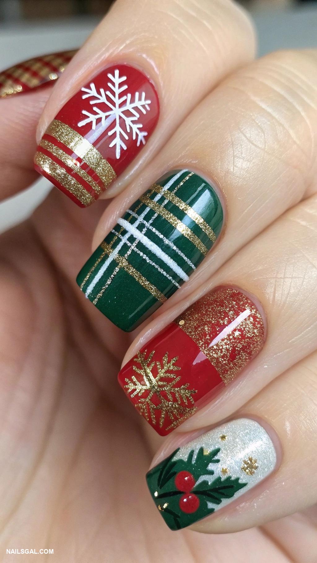 December nails Plaid patterns in holiday color scheme