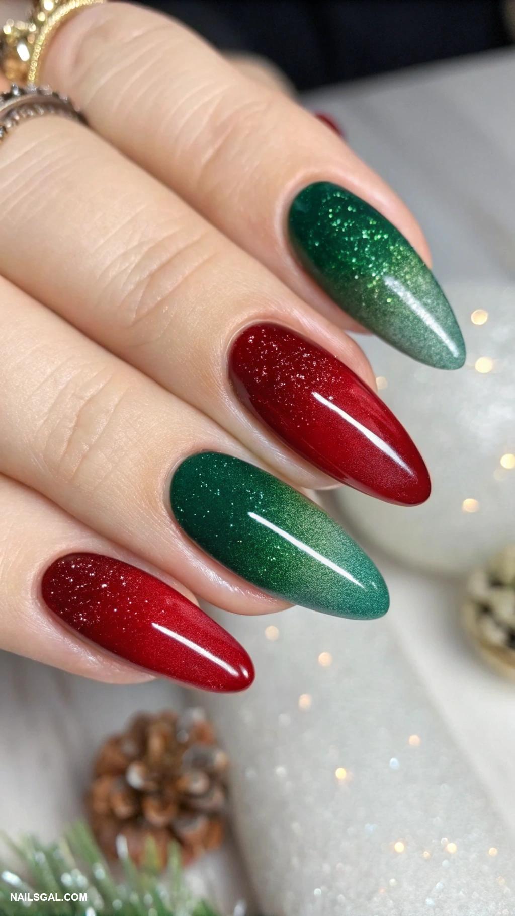 December nails Red and green ombre with glitter tips