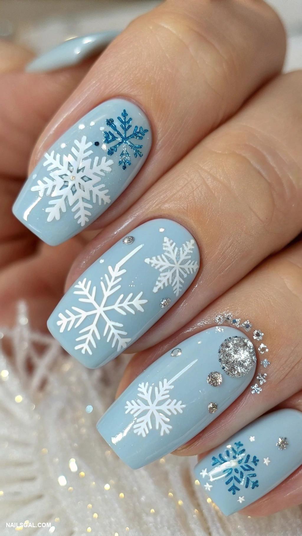 December nails Snowflake patterns on a light blue base