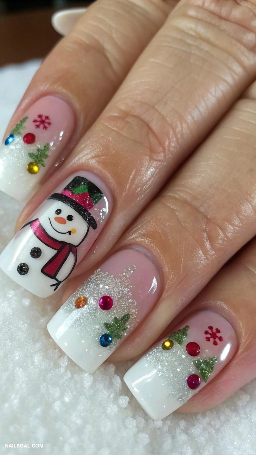December nails Sparkling snowman with colorful accessories