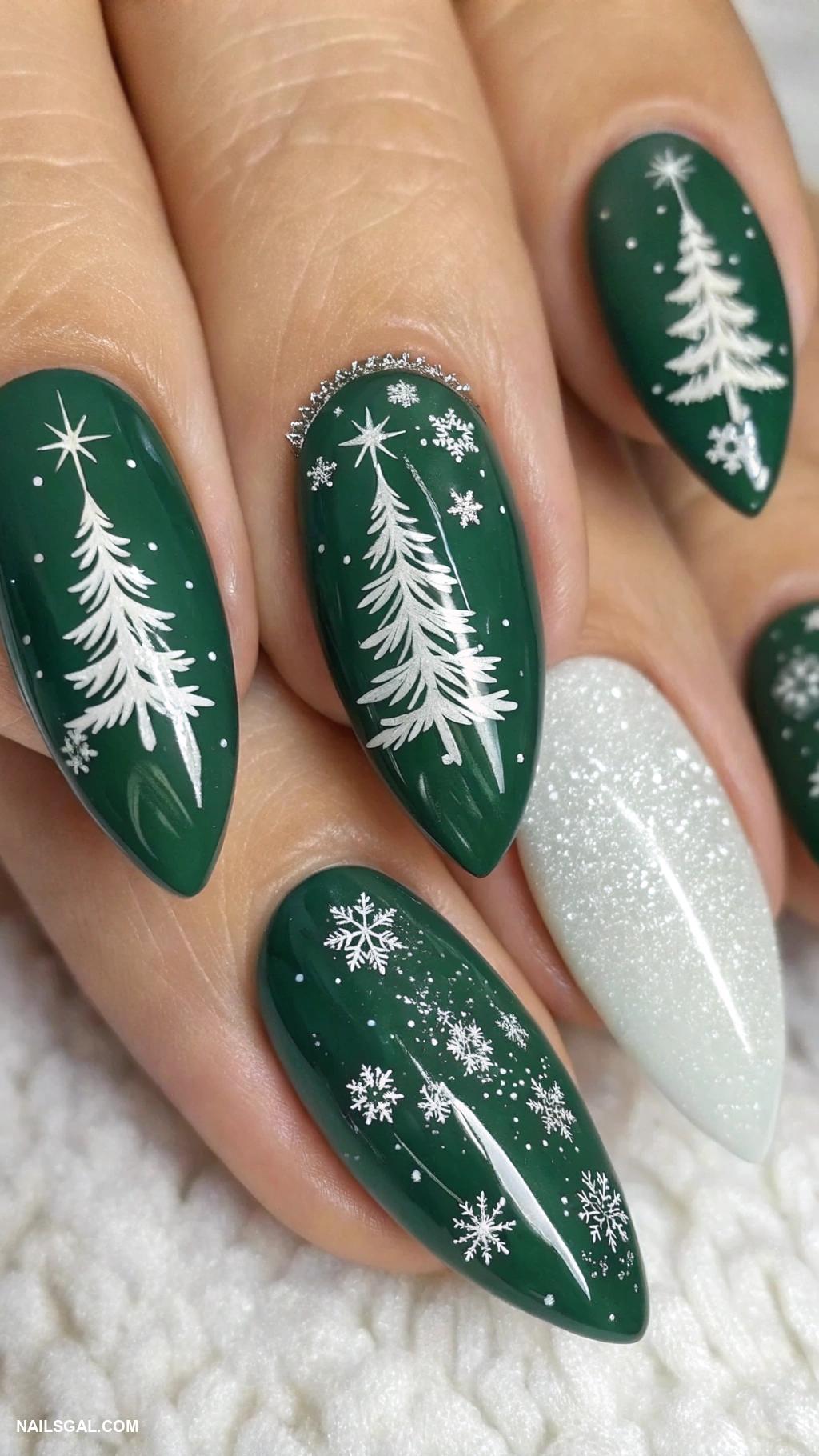 December nails White Christmas trees on dark green nails