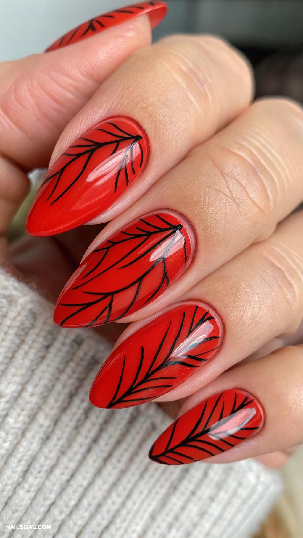 autumn cat eye nails Bright red with black outlines