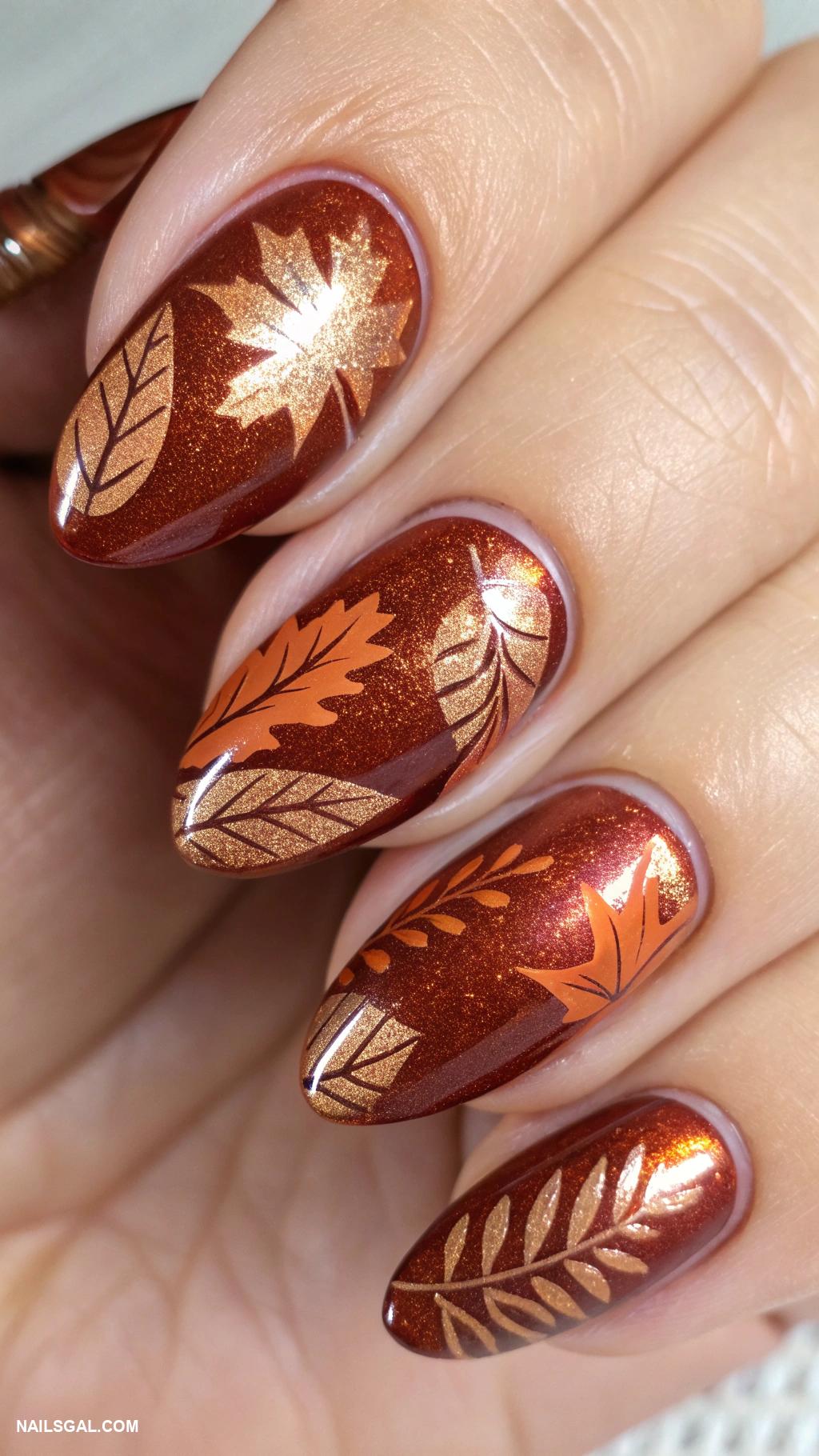 autumn cat eye nails Copper cat eye with leaf patterns