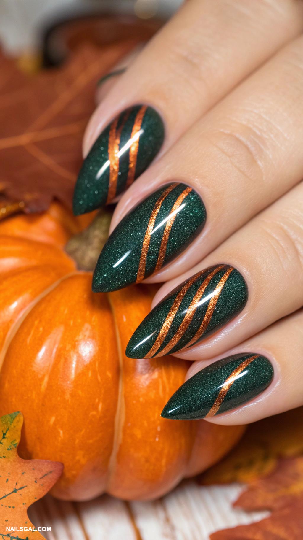 autumn cat eye nails Dark green with pumpkin spice highlights