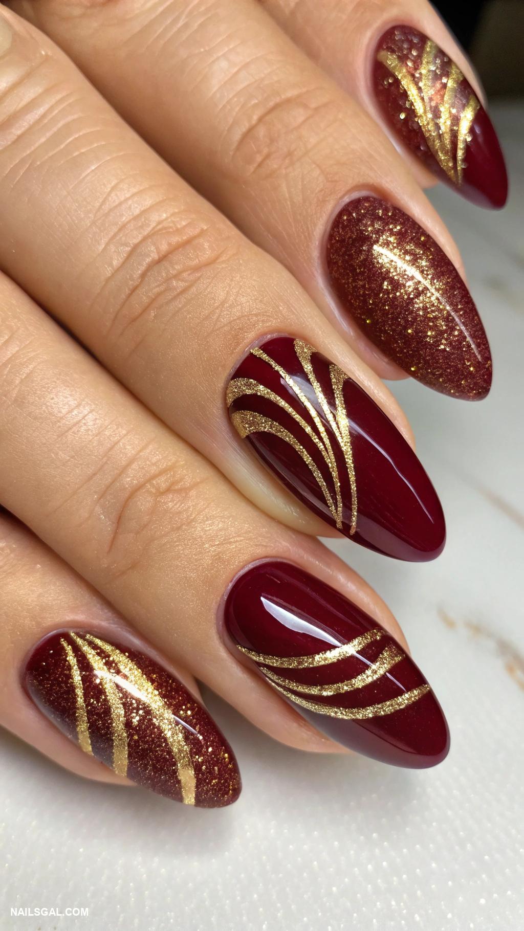 autumn cat eye nails Deep burgundy with golden shimmer