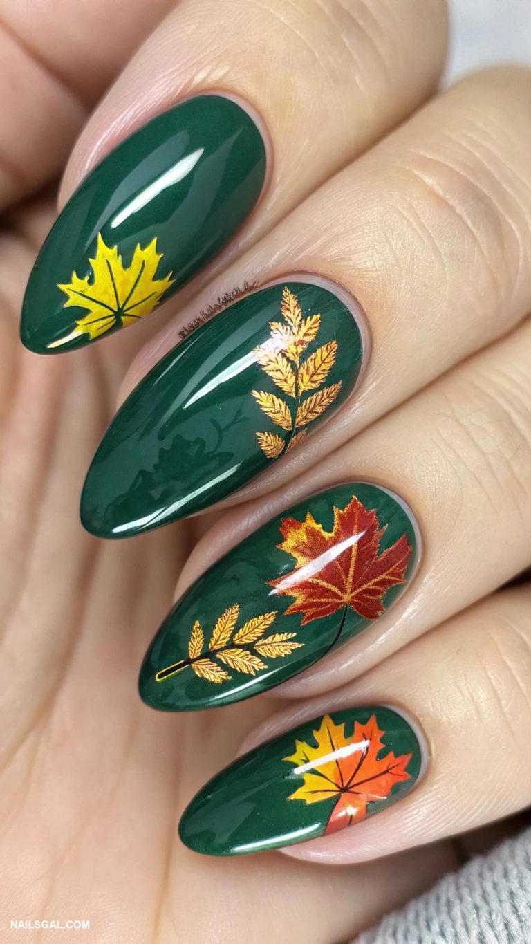autumn cat eye nails Emerald green with autumn leaf decals