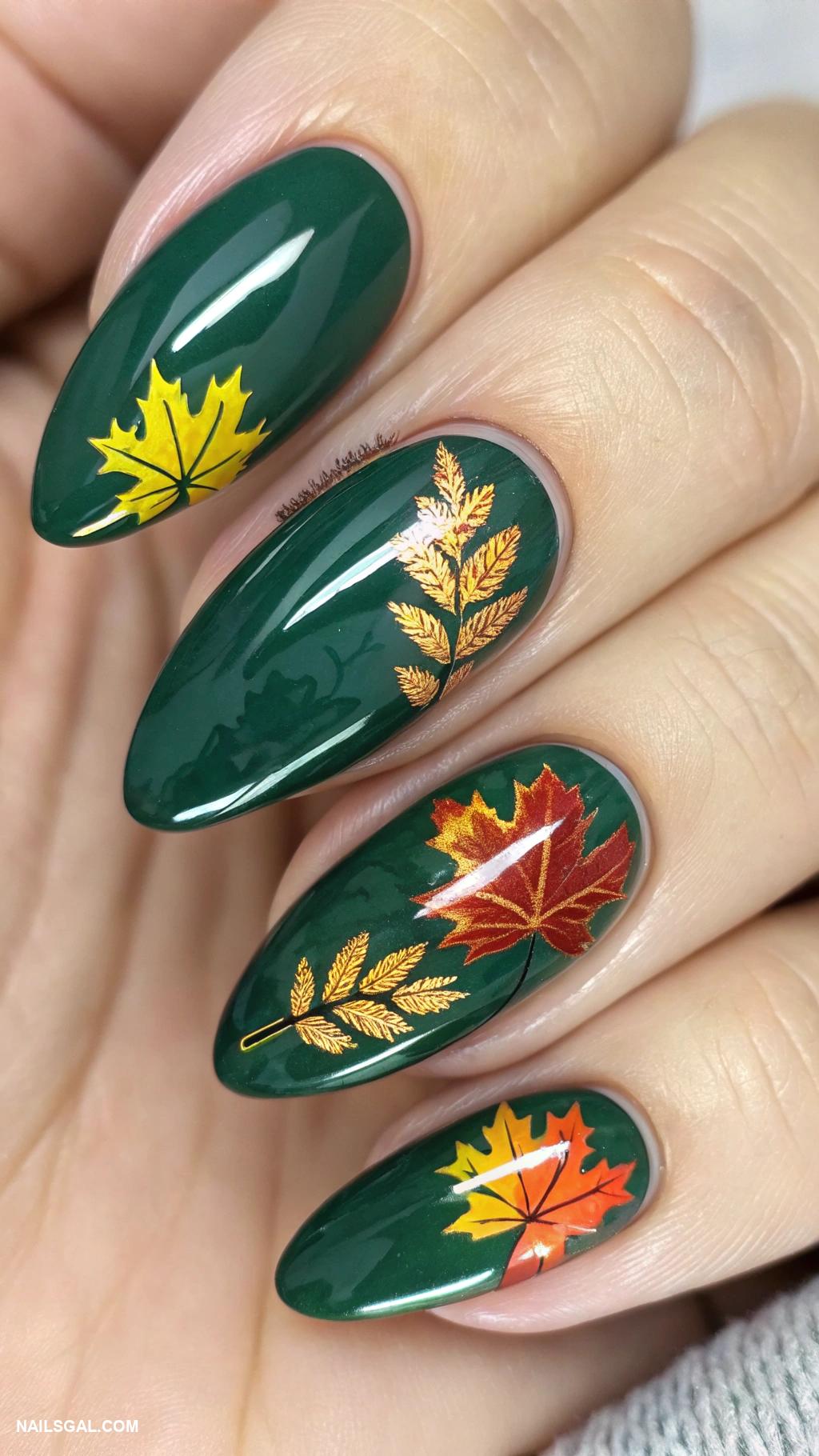 autumn cat eye nails Emerald green with autumn leaf decals