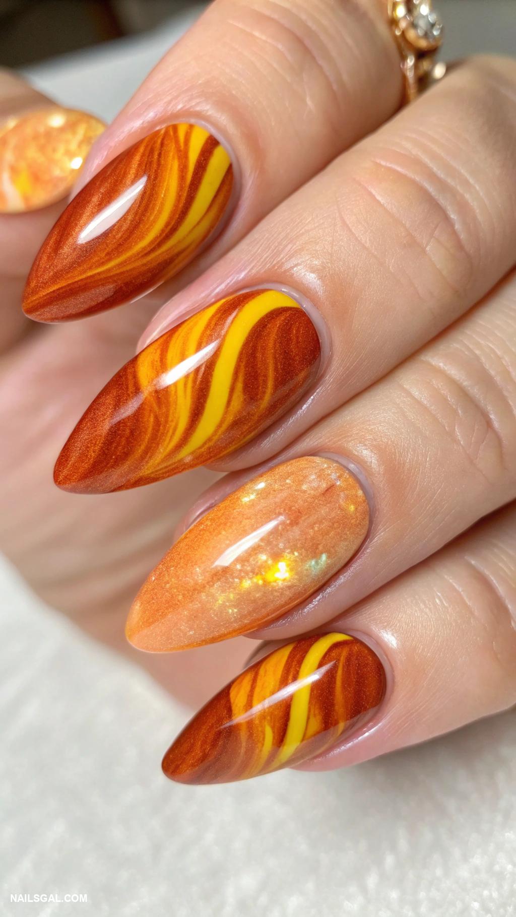 autumn cat eye nails Marbled orange and yellow cat eye effect