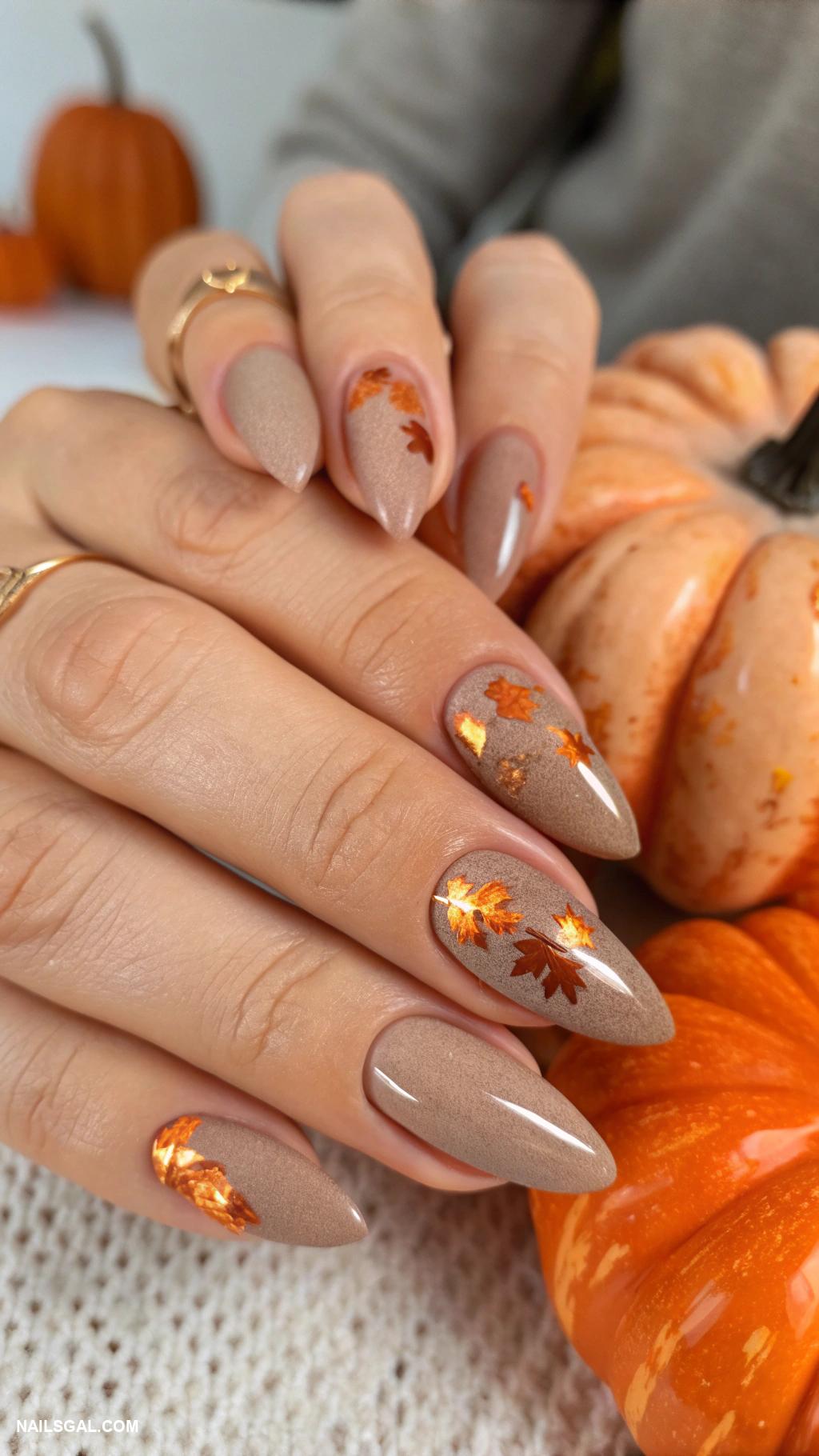 autumn cat eye nails Muted taupe with soft orange flicks