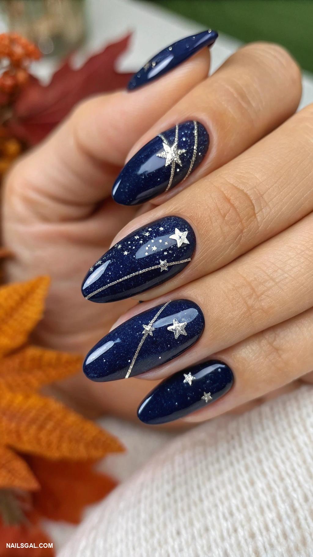 autumn cat eye nails Navy blue with silver galaxy streaks