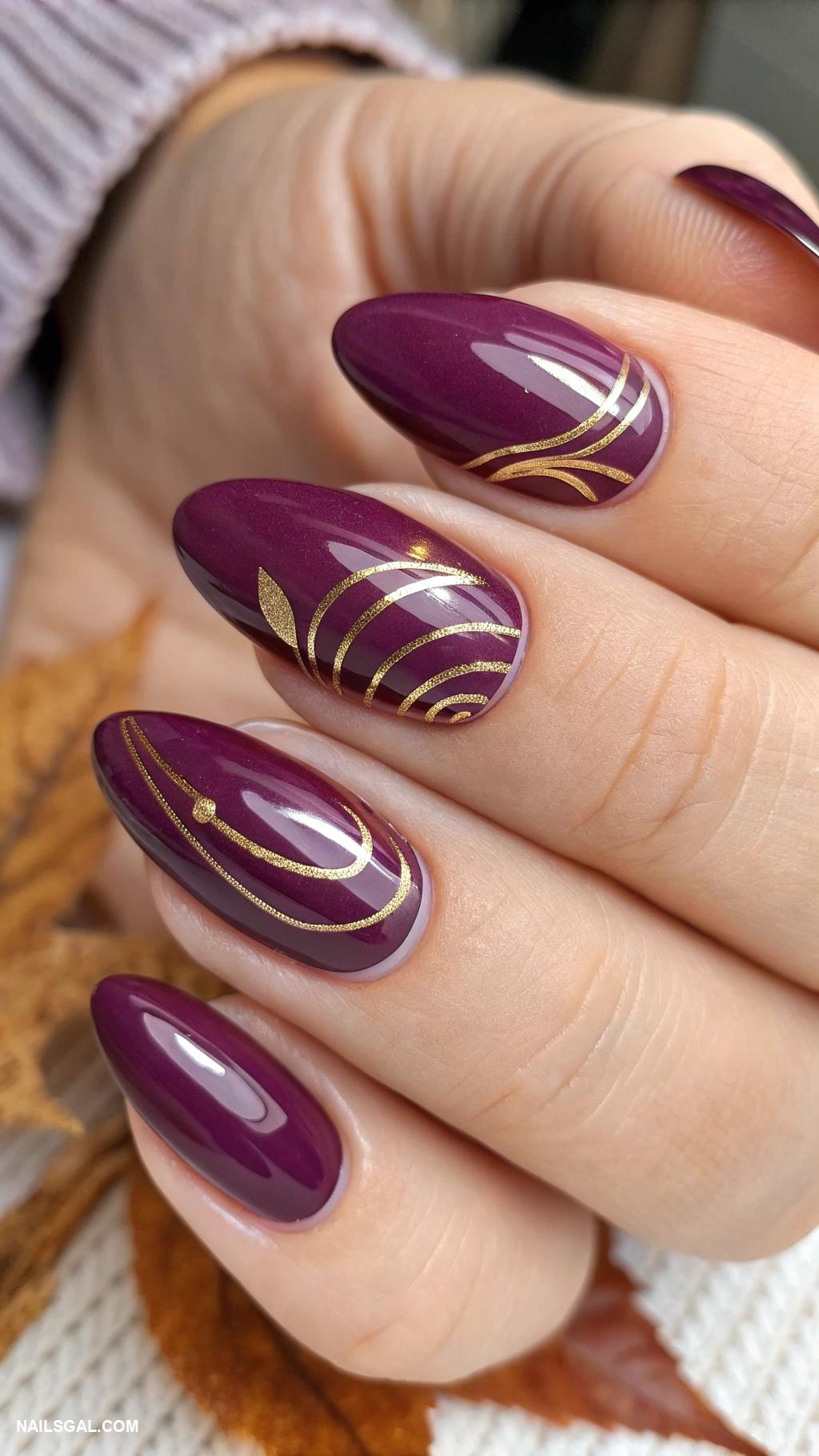 autumn cat eye nails Plum purple with metallic gold lines