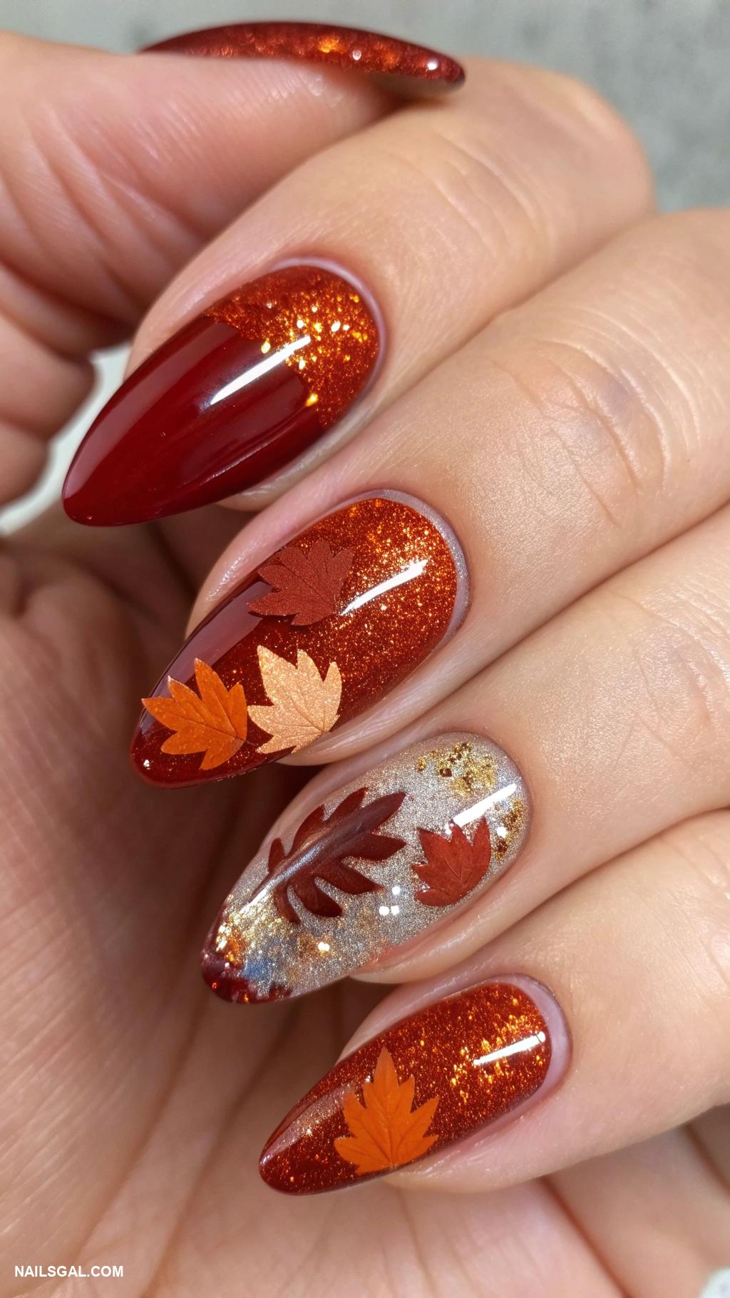 autumn cat eye nails Rusty red with glittery accents