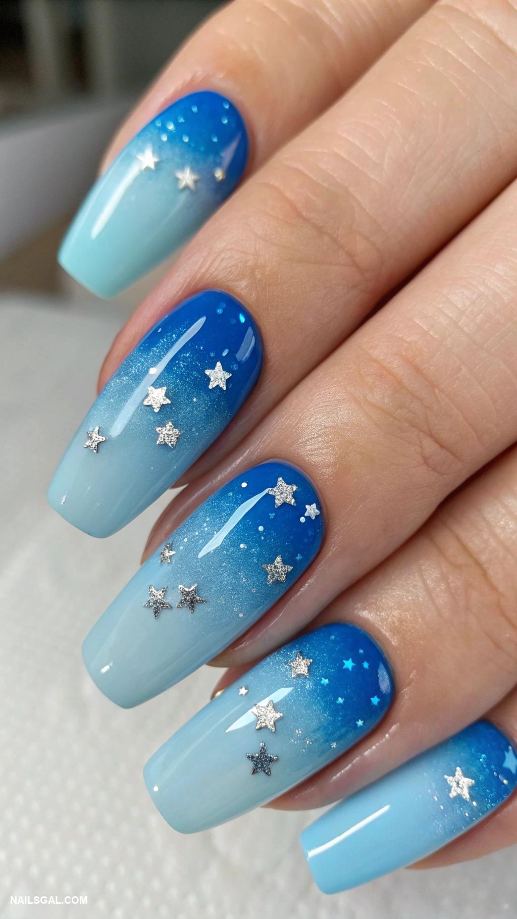 baby boy baby shower nails Blue ombre with tiny silver stars