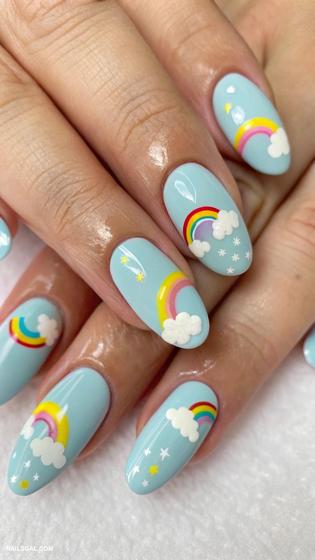 baby boy baby shower nails Clouds and rainbows on pastel background