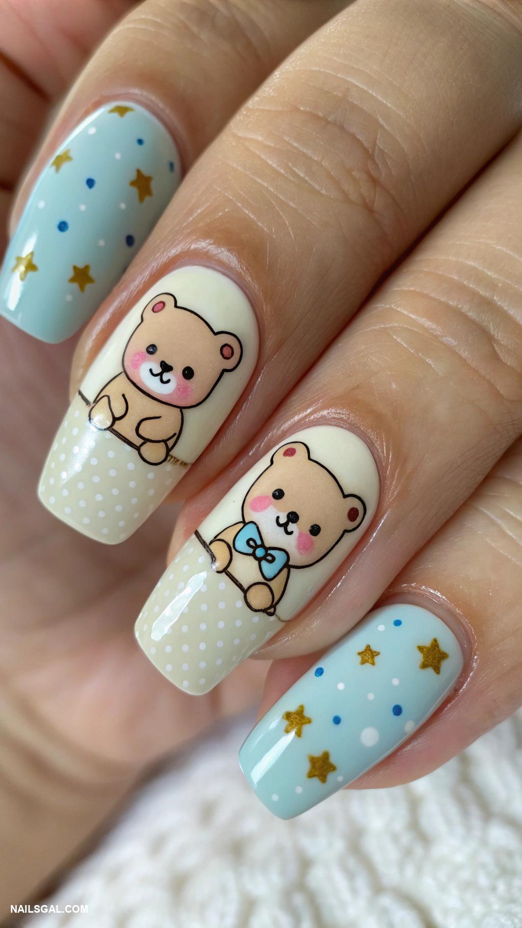 baby boy baby shower nails Cute teddy bear designs on ring fingers