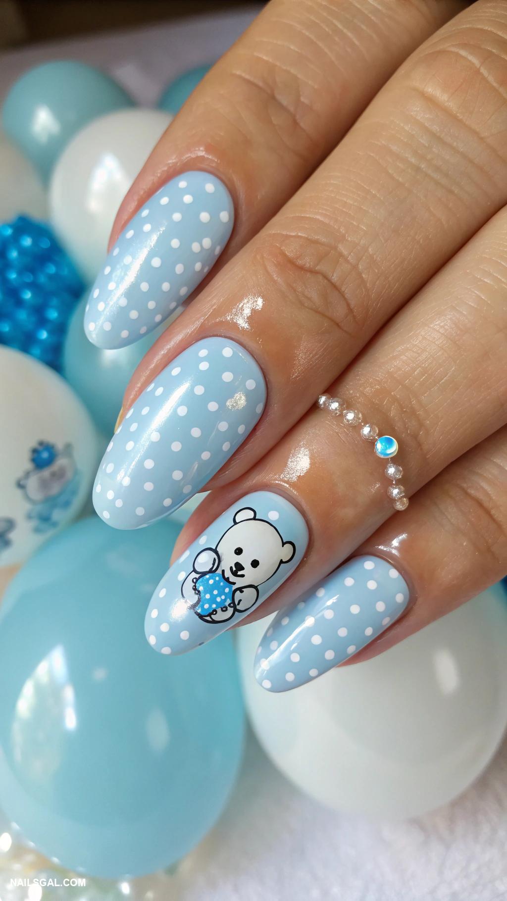 baby boy baby shower nails Light blue with white polka dots