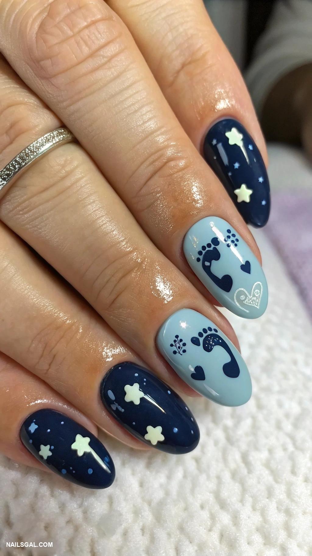 baby boy baby shower nails Navy blue with baby footprints stickers