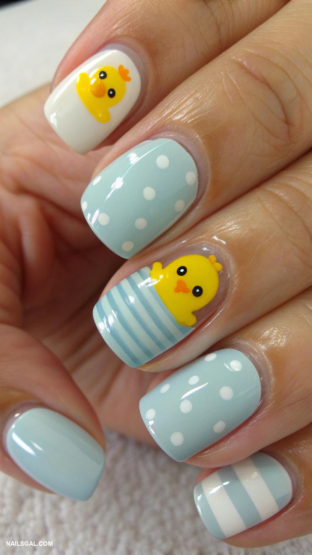 baby boy baby shower nails Tiny rubber duckies on thumb nails