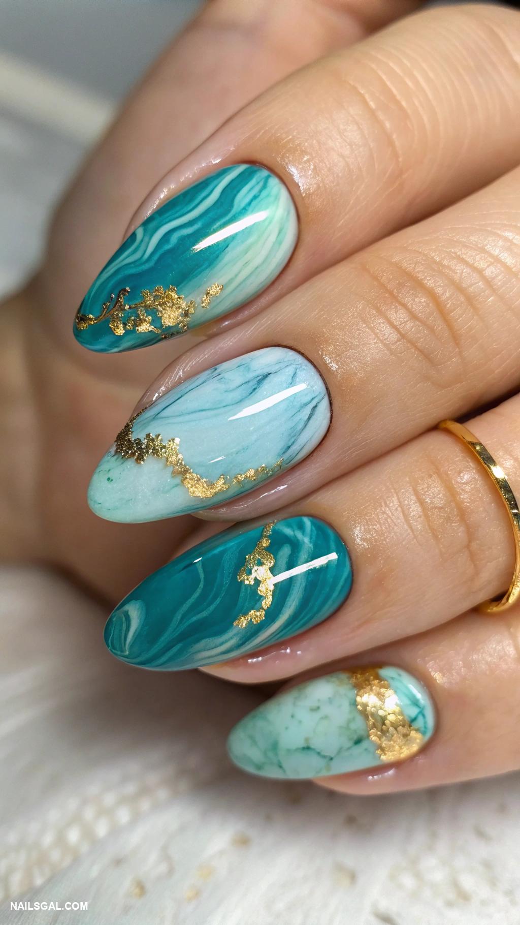 blue marble nails Bluish green marble with gold foil