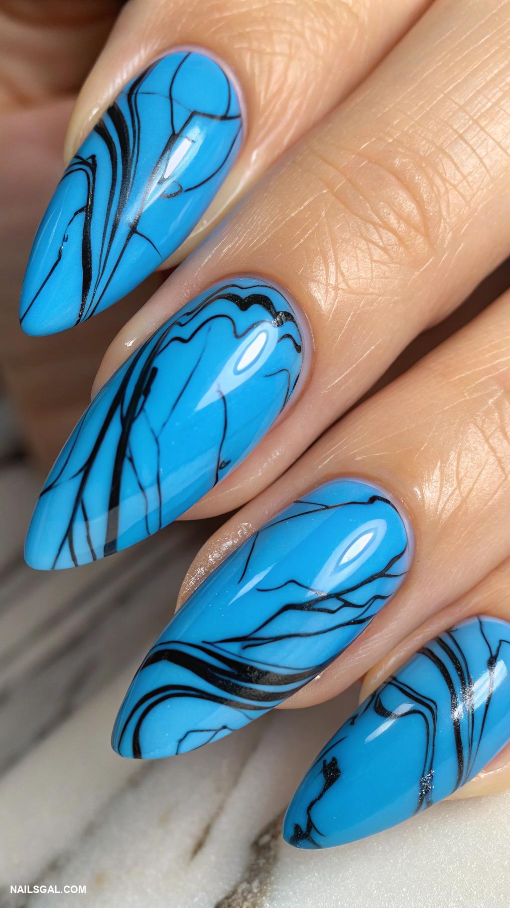 blue marble nails Bold blue marble with abstract black lines