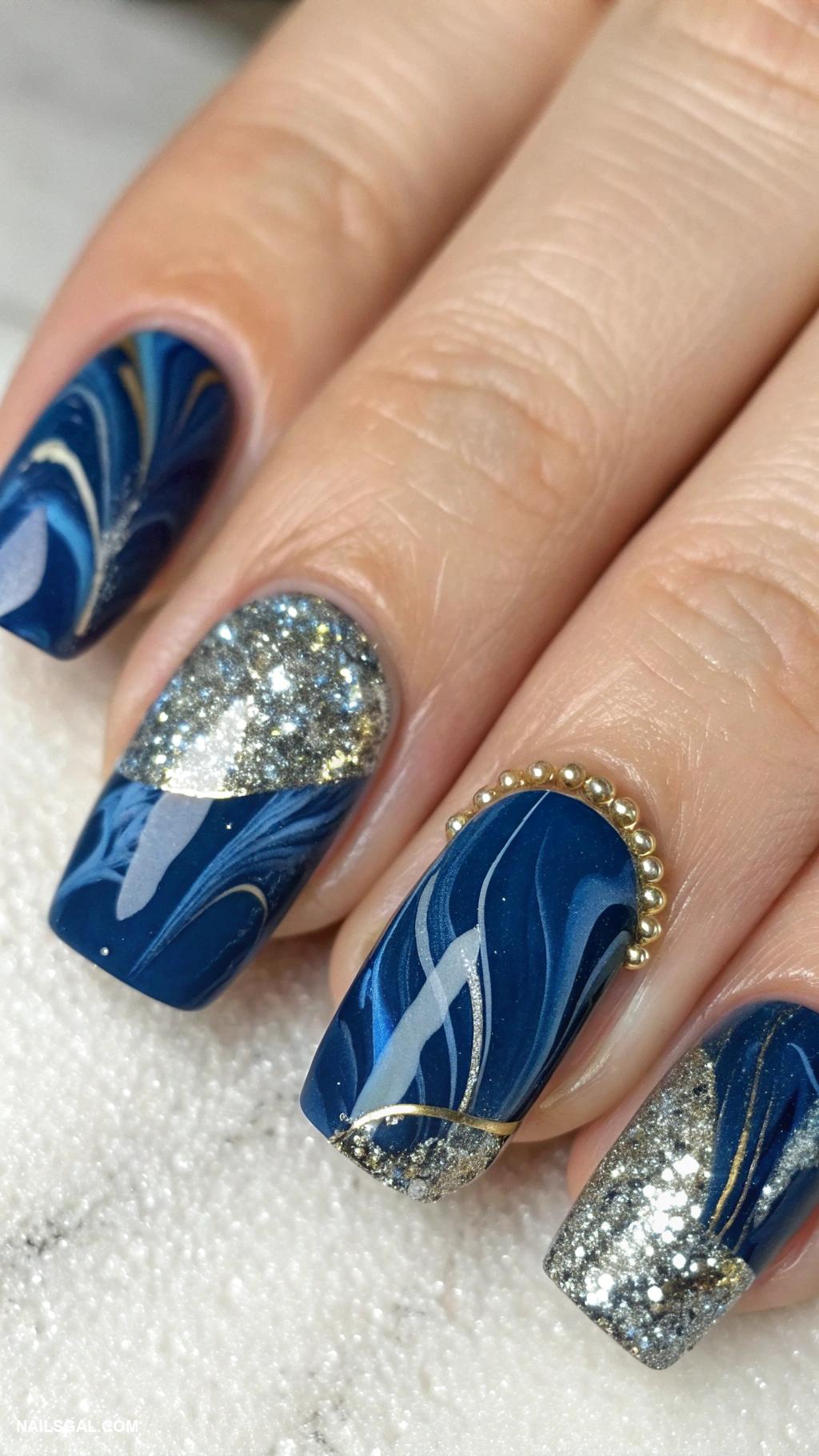 blue marble nails Dark blue marble with glitter tips