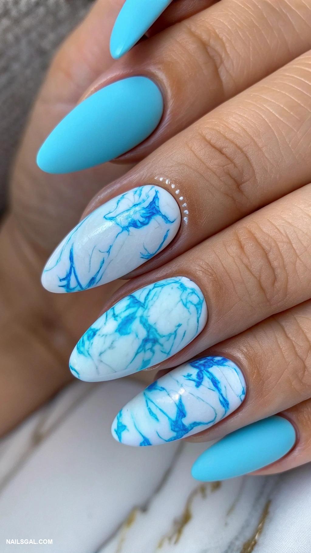 blue marble nails Neon blue marble with matte finish