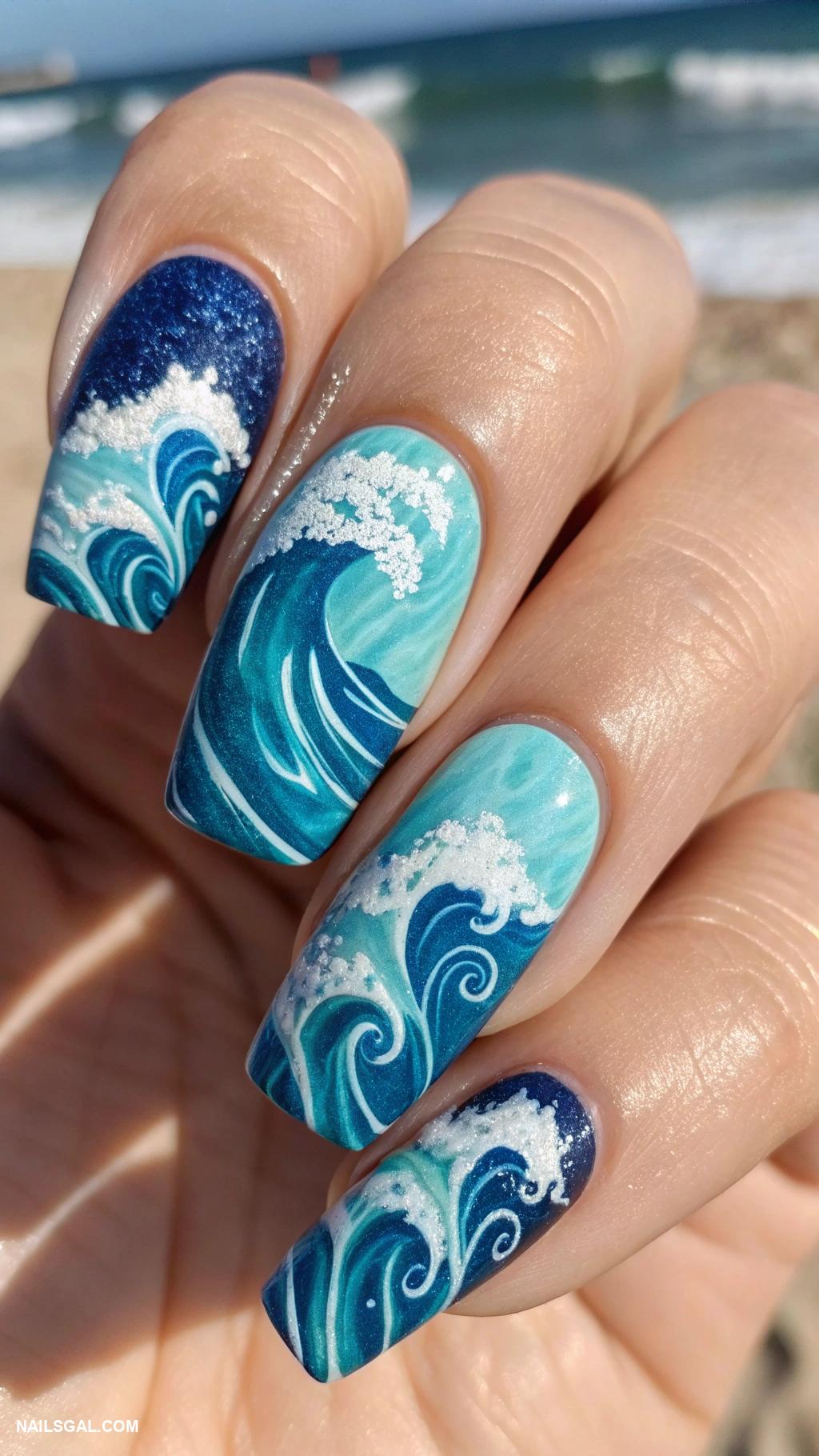 blue marble nails Ocean wave inspired blue marble design
