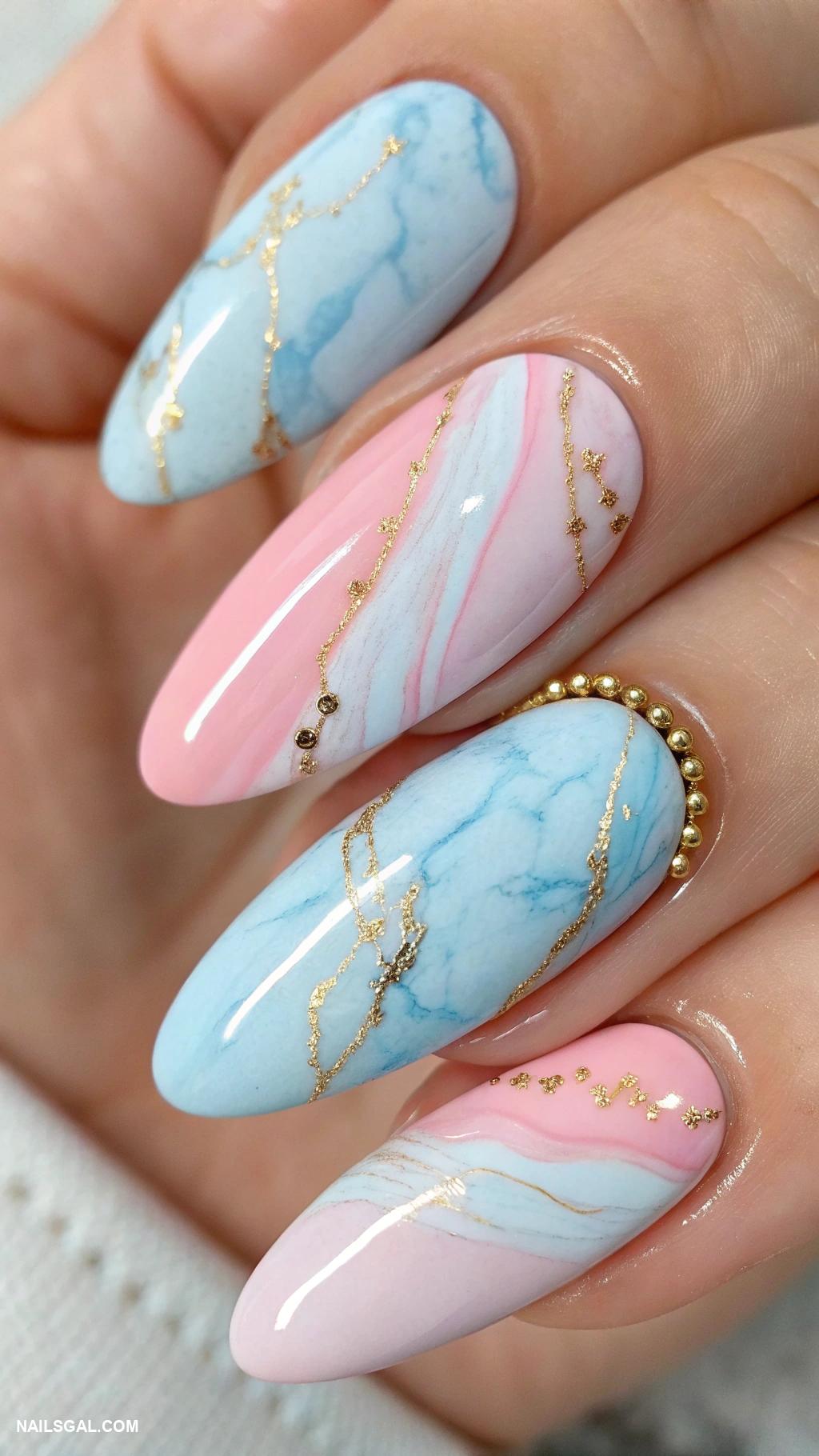 blue marble nails Pastel blue marble blended with pink hues