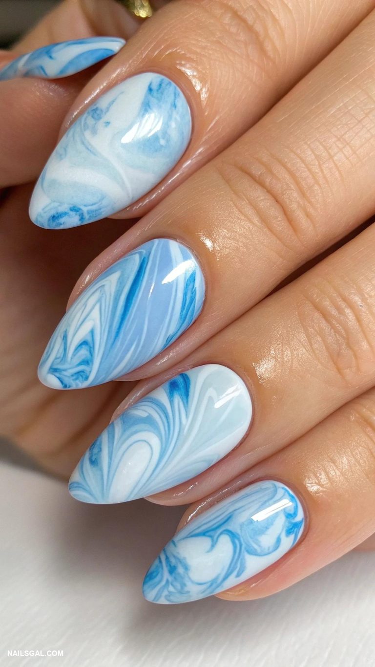 blue marble nails Sky blue marble mixed with clear polish