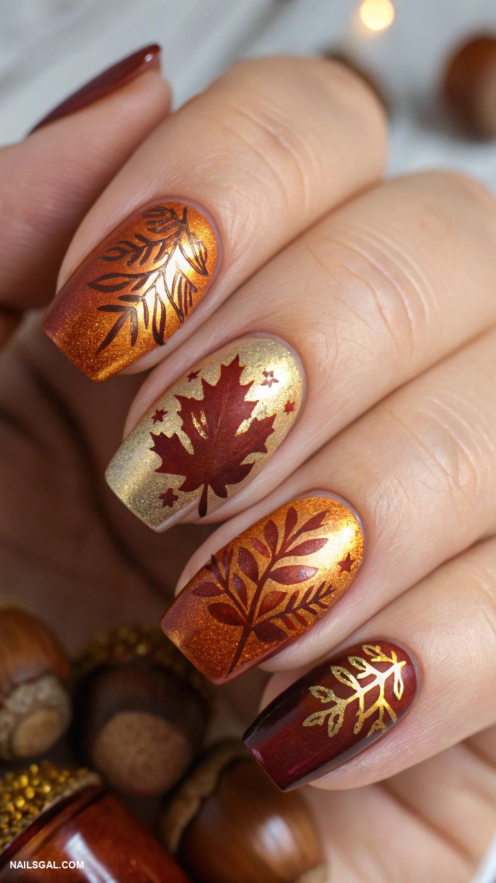 chrome autumn nails Bronze chrome gradients with autumn motifs