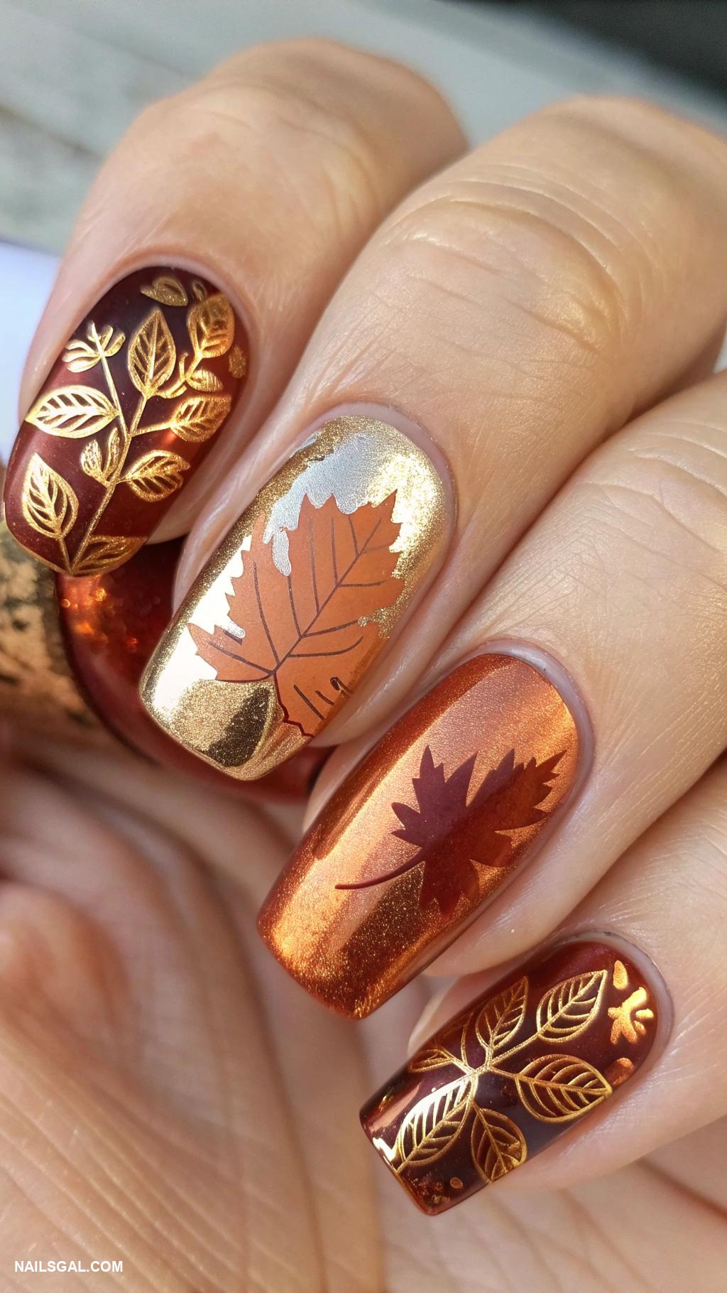 chrome autumn nails Copper chrome with leaf accent nails