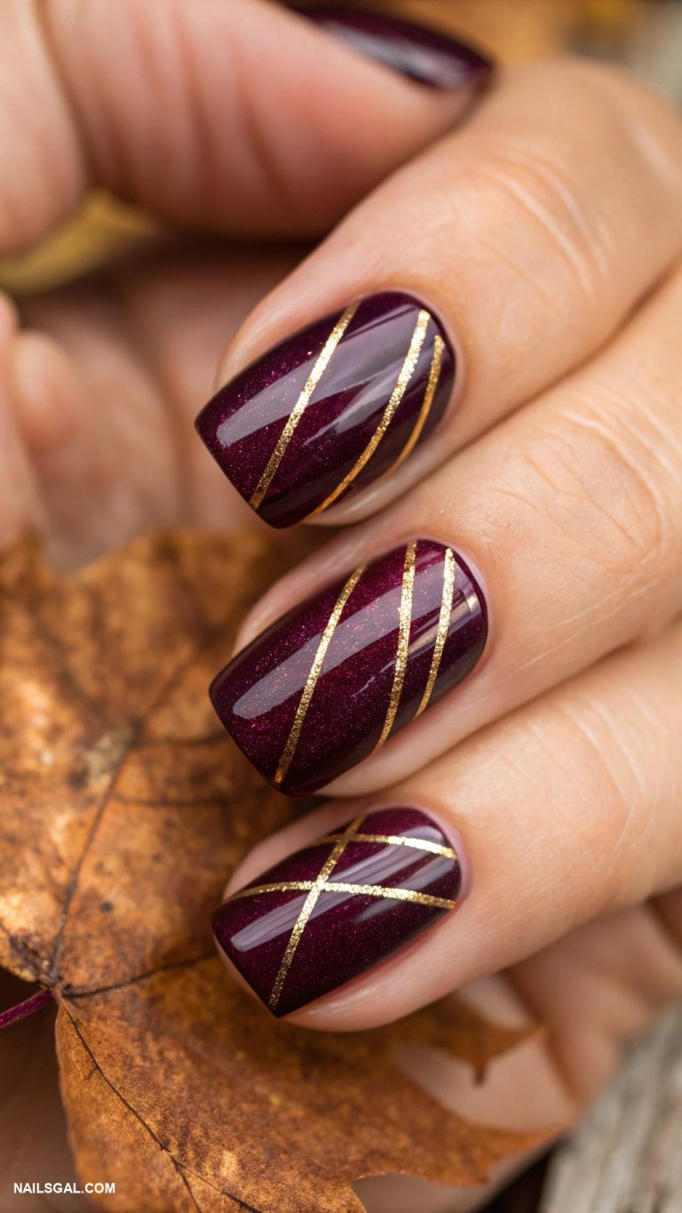 chrome autumn nails Dark plum chrome with thin gold stripes