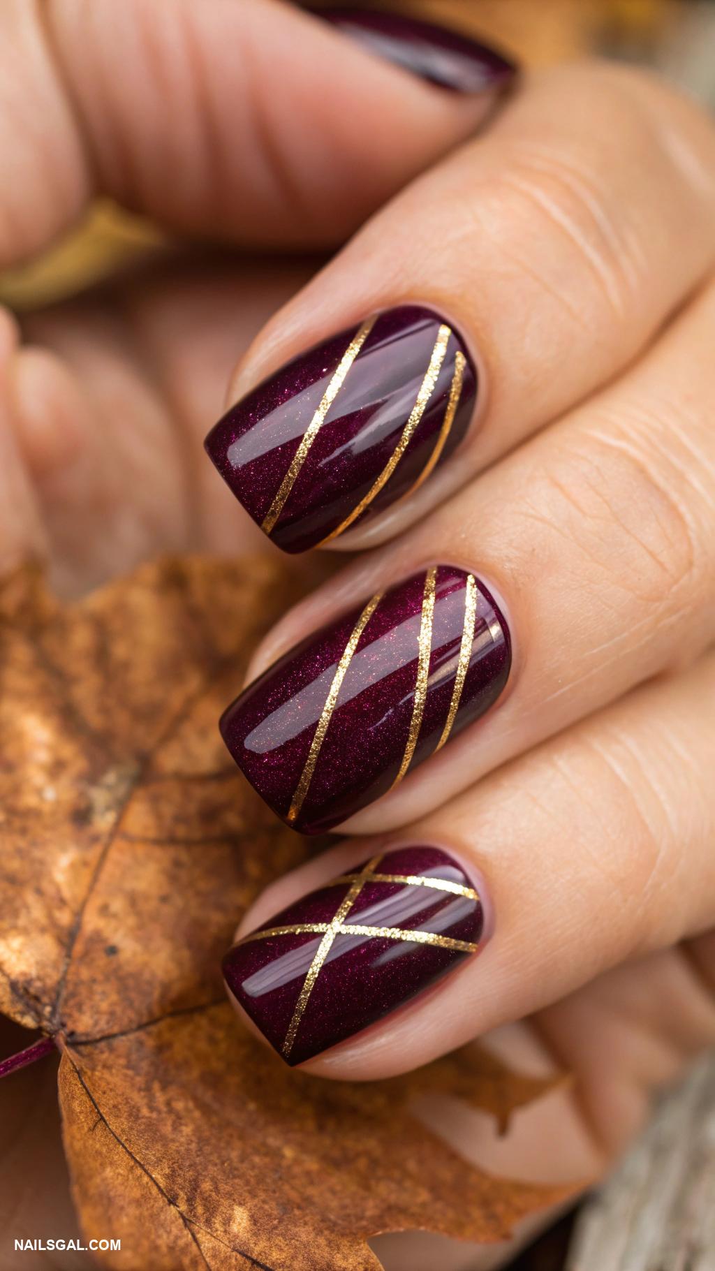 chrome autumn nails Dark plum chrome with thin gold stripes