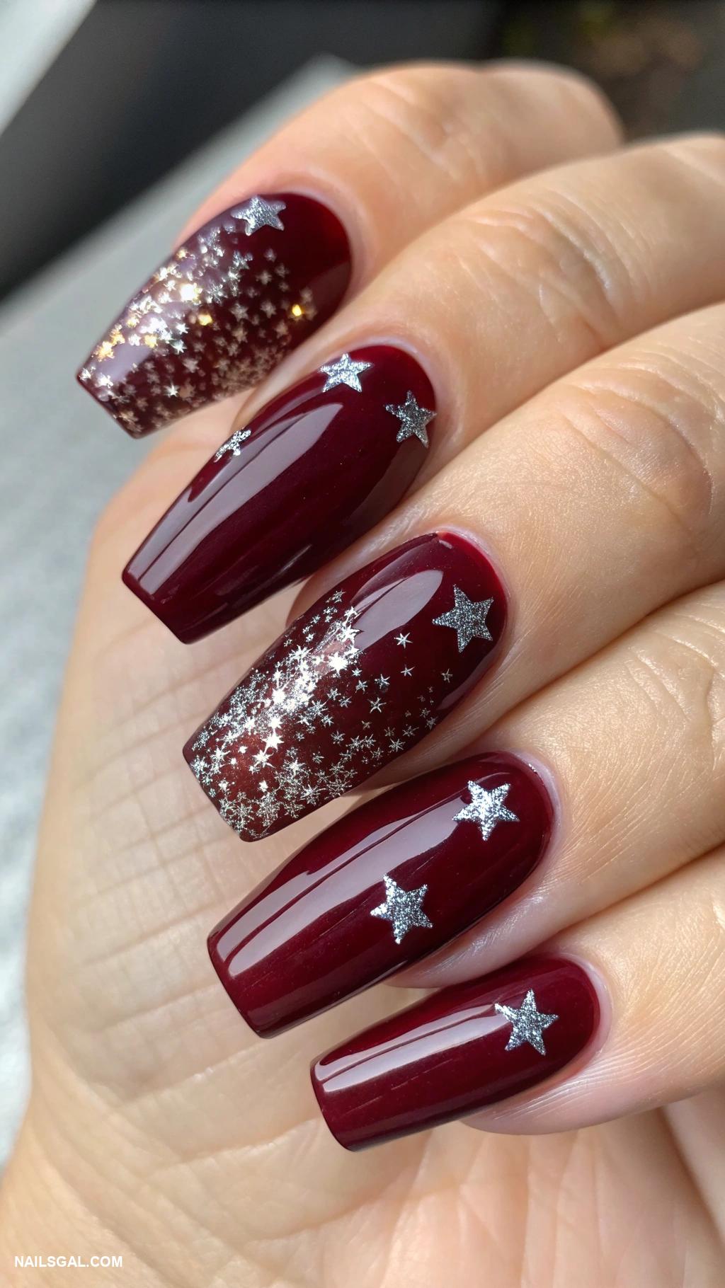 chrome autumn nails Deep burgundy chrome with metallic flakes