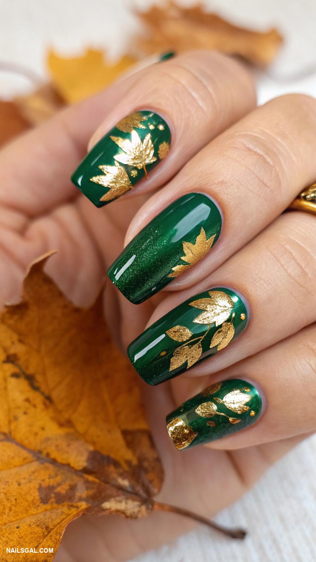 chrome autumn nails Green chrome with gold foils on ring finger