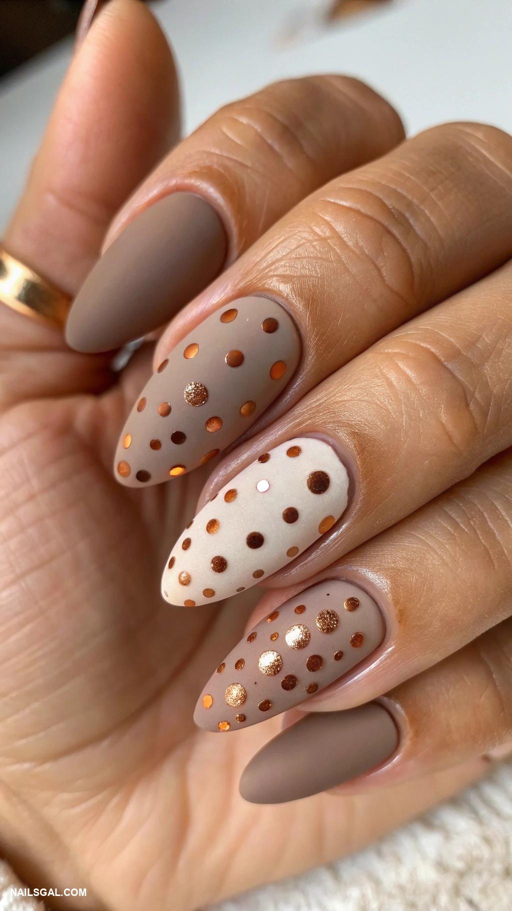 chrome autumn nails Matte taupe with shiny rust chrome dots