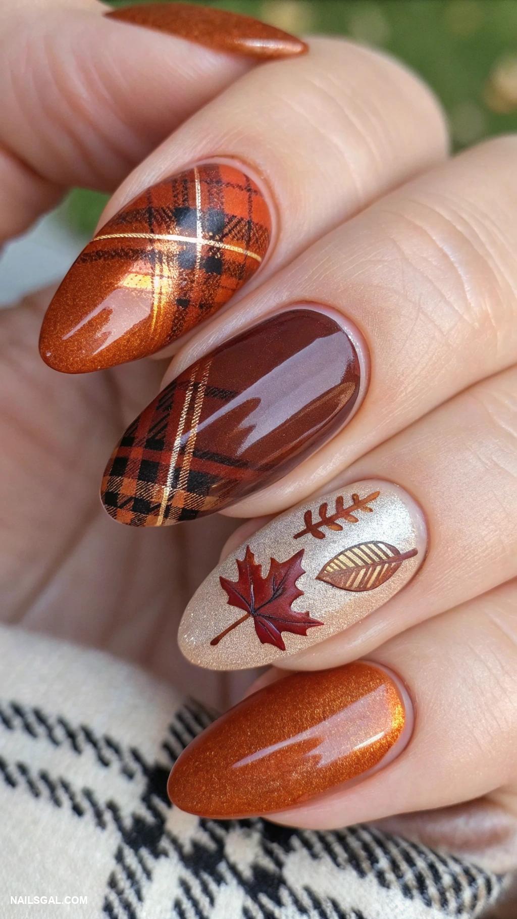 chrome autumn nails Warm amber chrome with plaid nail art