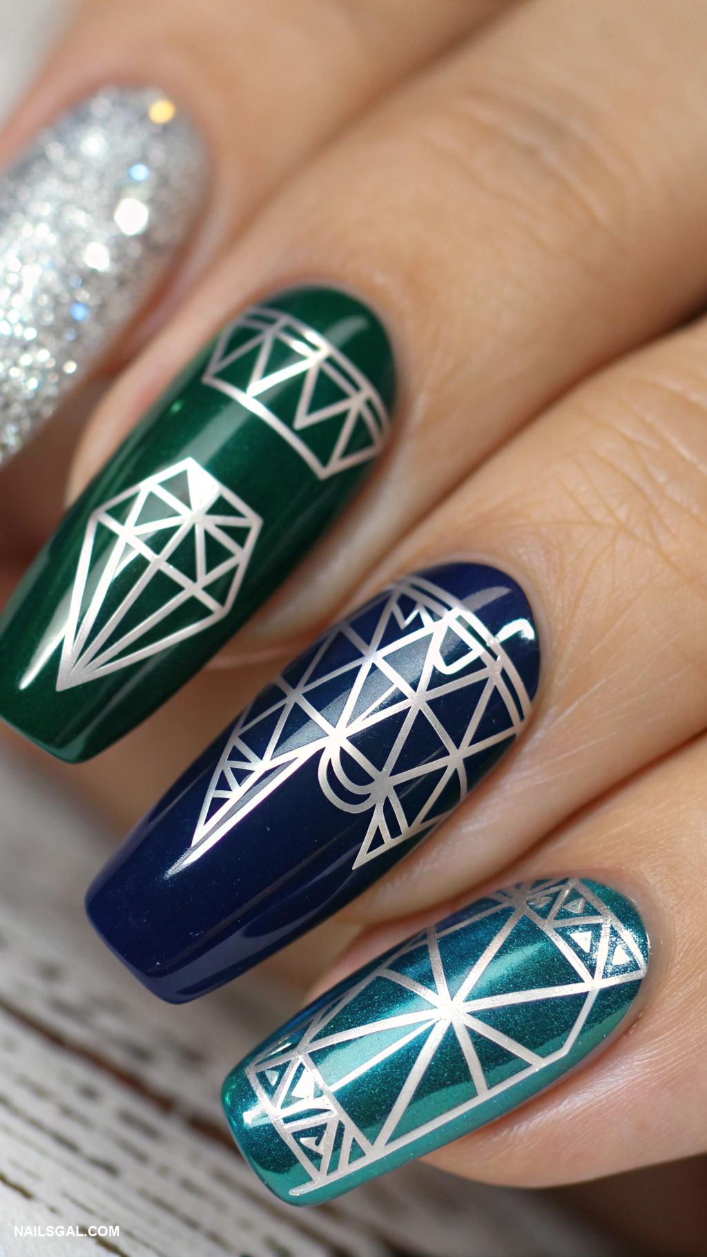 chrome nails Mirror finish with geometric patterns