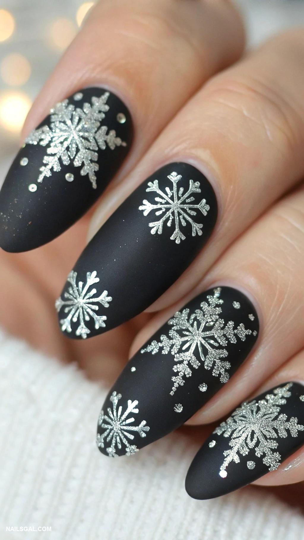 classy christmas nails Chic matte black with silver snowflakes