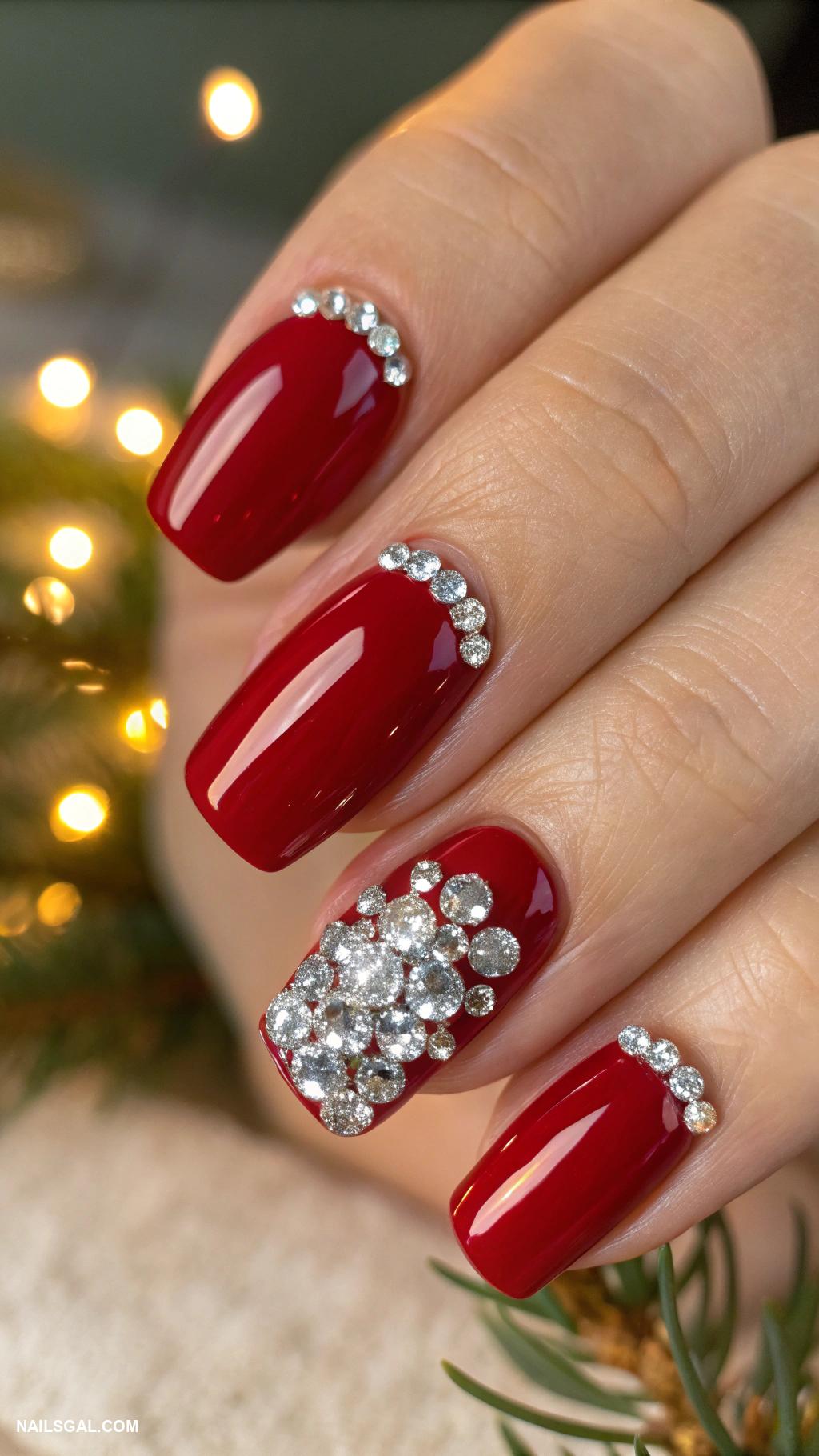 classy christmas nails Classic red with sparkling rhinestone accents