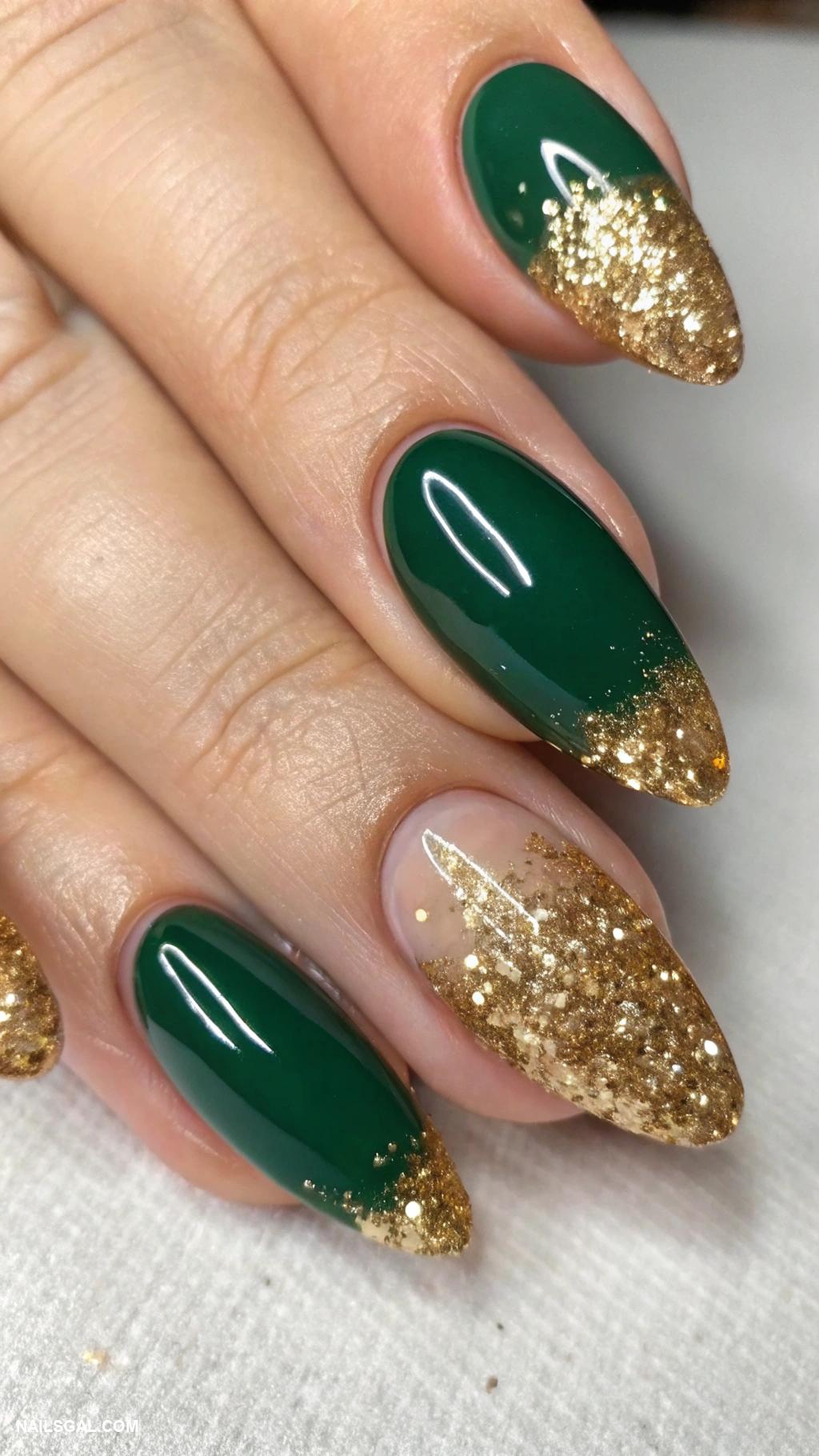 classy christmas nails Elegant gold glitter tips on deep green base