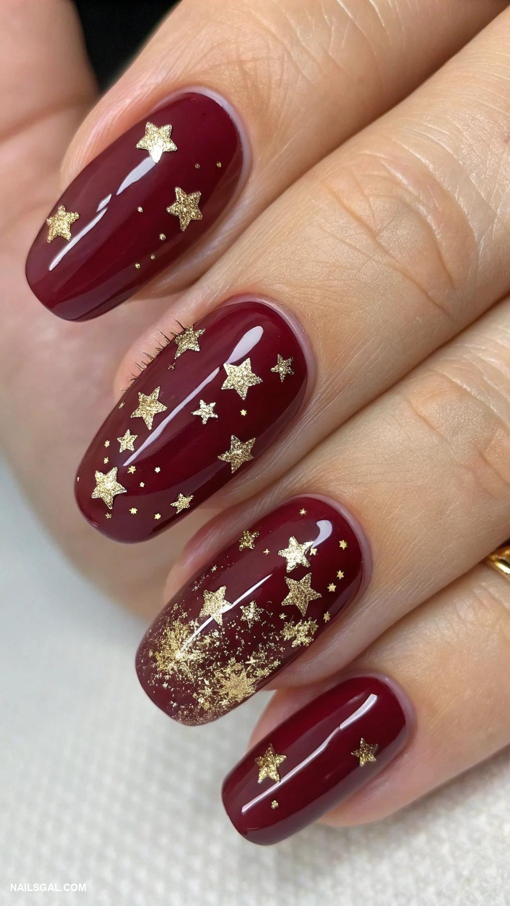 classy christmas nails Festive burgundy with delicate gold star details