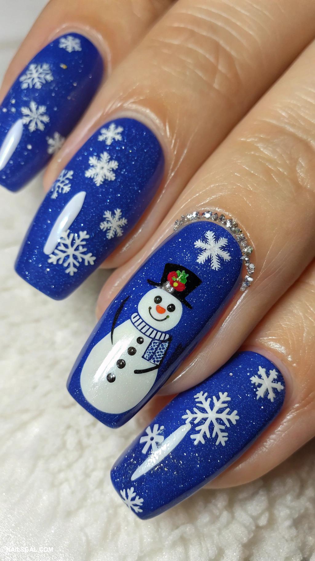 classy christmas nails Glamorous royal blue with white snowman designs