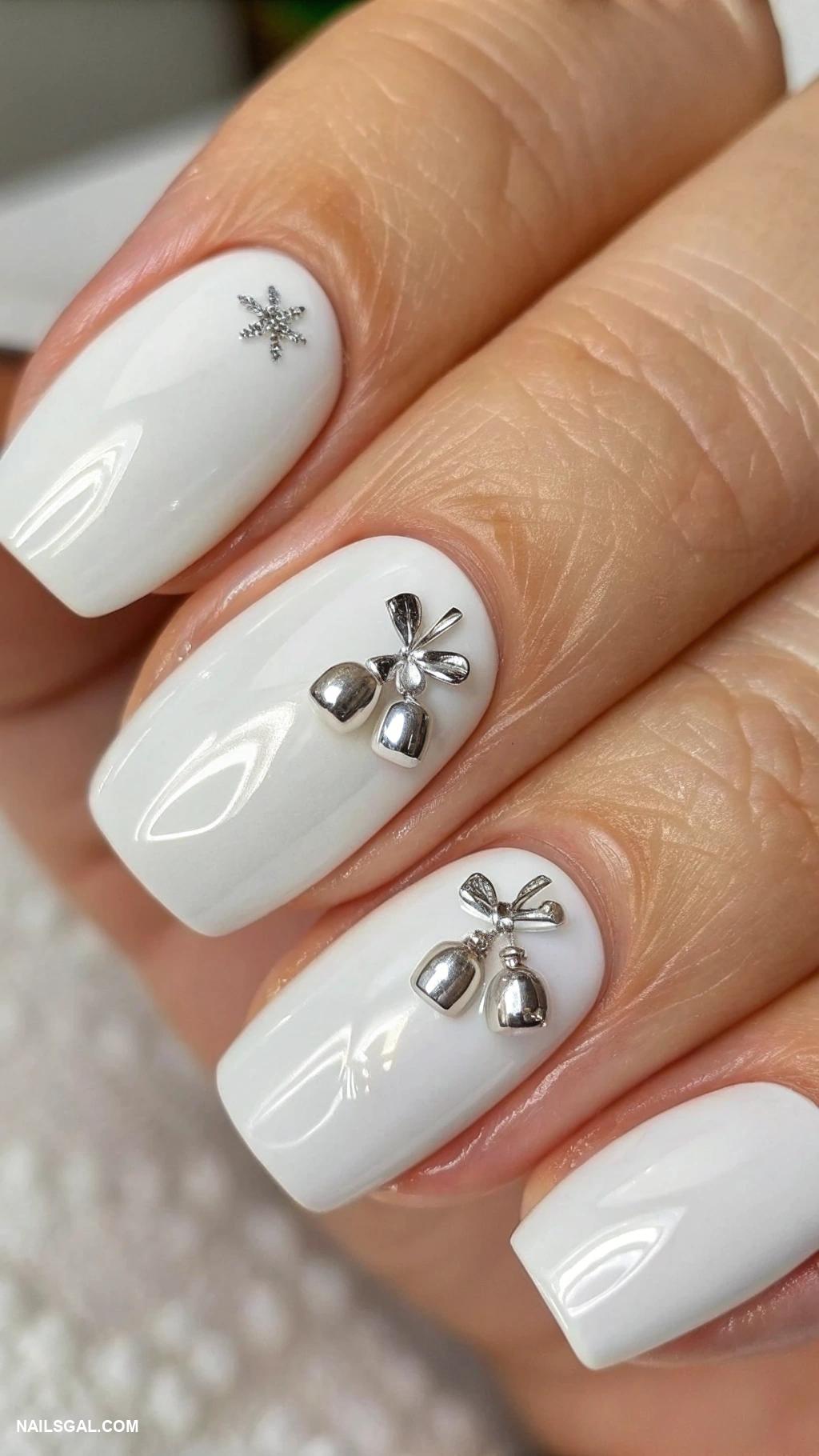 classy christmas nails Minimalist white with tiny silver bells